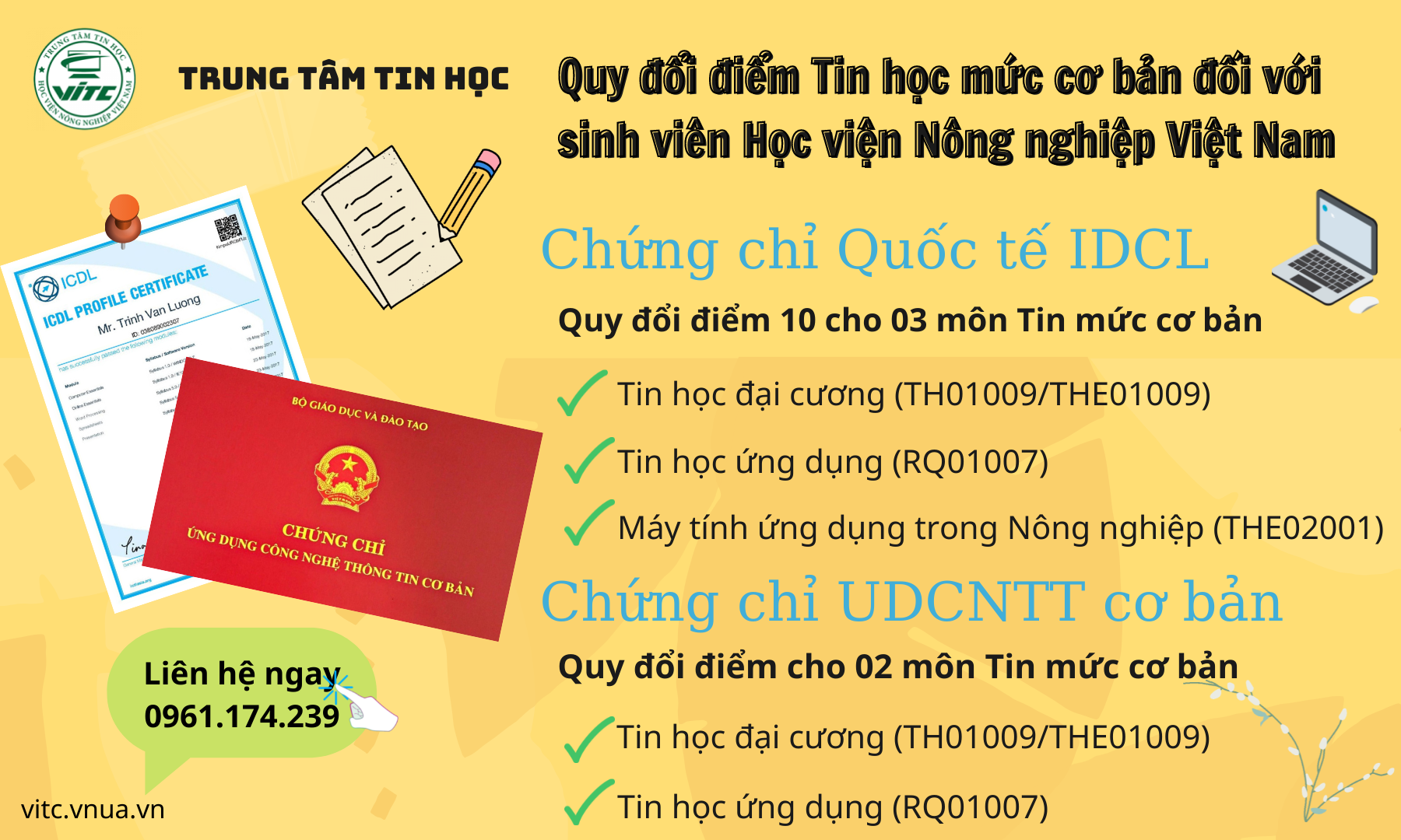 Quy đổi điểm Tin học mức cơ bản đối với sinh viên Học viện Nông nghiệp Việt Nam